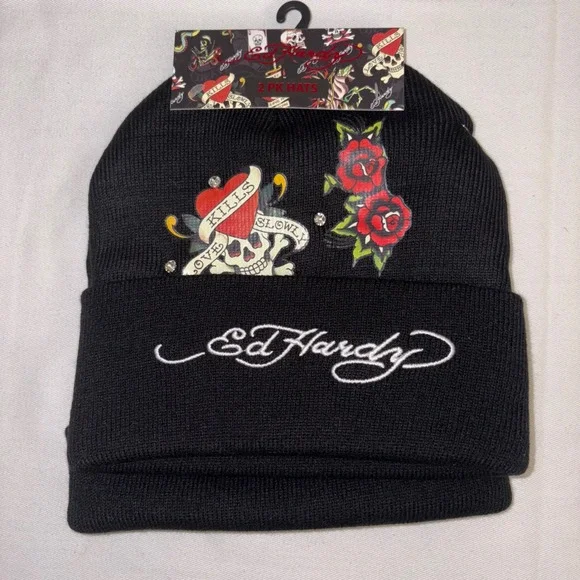 Ed Hardy two Black Beanie Hats "Love Kills Slowly" Skull Rose Graphic Rhinestone - Picture 5 of 7